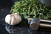 Garlic, a garlic crusher and thyme