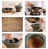 Cumin being roasted and ground in a mortar