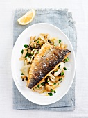 Fried sea bass fillet on a bed of vegetables