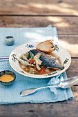 Vegetable soup with bass and rouille
