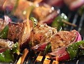 Pork, Red Onion and Green Pepper Skewers Cooking on the Grill