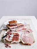 Various types of bacon and ham