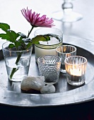 Tea-light holders and flower in glass of water on metal tray
