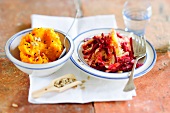Mashed sweet potatoes with sauerkraut and beetroot