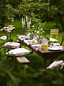 Gedeckter Tisch mit Bowle unter Bäumen