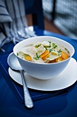 Clear broth with Ravioles de Royan (ravioli with cheese filling, France)