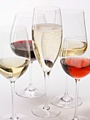 Glasses of champagne, white wine, red wine and rose wine