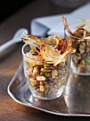 Lentil salad with salmon and fried onions