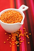 Red lentils in a measuring cup