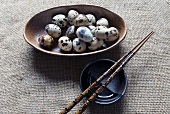 Bowl of Quail Eggs; Small Bowl and Chopsticks