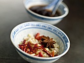 Chinese Spice Bowl; Chopped Onion, Garlic, Red Pepper and Star Anise; Black Bean Sauce in Bowl