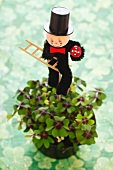Iron cross oxalis in plant pot with chimney sweep figure (both bring good luck)