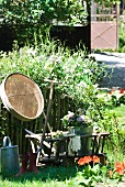 Leiterwagen aus Holz mit Gartenutensilien und Pflanztöpfen am Gartenzaun