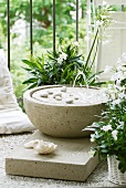 Simple fountain made of porous concrete with shells and pebbles next to potted plants with white flowers