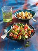 A watermelon and avocado salad with garlic croutons