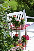 Romantic, country-house-style seating area on terrace decorated in shades of pink combined with white bench and potted plants on red side table