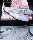 Mules with Toile de Jouy pattern on photo album with cotton cover