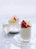 White chocolate mousse with passion fruit syrup and nectarines