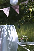 Small bowl of flowers on garden chair