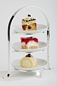 Various types of cheesecake on buffet plate stand