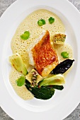 Scorpion fish sauce Bourride with calf's brains and bok choy