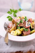 Stir-fried beef with oyster mushrooms and courgette