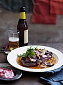 Wagyu beef steak with mushrooms and radishes