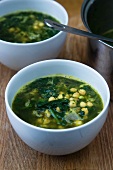 Two Bowls of Chickpea and Spinach Soup; Pot of Soup
