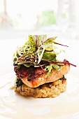 Chili Garlic Basted Grilled Salmon with Golden Lentils, Swiss Chard and Herb Salad with Honey Chevre Emulsion