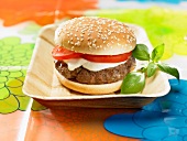 A Mediterranean hamburger with mozzarella and tomato