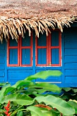 Blau gestrichene Holzhütte mit geschlossenen Fensterläden und Strohdach