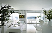 White, modern interior with white lounge and dining furniture in contemporary building with terrace and sea view