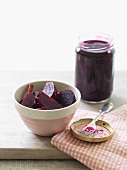 Pickled beetroot in a bowl and a jar