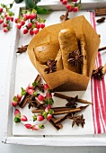 Gingerbread in a paper bag with star anise, cinnamon sticks and St. John's wort