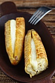 Platano con queso (fried and baked plantains filled with cheese, Colombia)