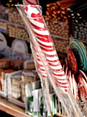 Red and White Swirled Candy Stick at a Candy Store in France