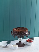 Chocolate mascarpone cake on a cake stand