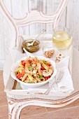 Fusilli with shrimps, cherry tomatoes and pesto