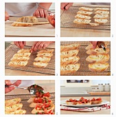 Bruschetta being prepared: bread slices being topped with tomatoes
