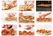 Bruschetta zubereiten: Brotscheiben rösten und Tomaten darauf verteilen