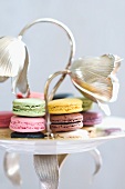 Various Colored Macaroons on an Elegant Silver Flower Pedestal Dish