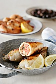 Grilled squid stuffed with feta cheese