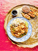 Shrimp Pad Thai with Chicken Satay and Dipping Sauce