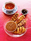 Chicken Satay with Peanut Dipping Sauce and Sweet and Sour Dipping Sauce