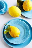 Bio-Zitronen auf blauen Tellern