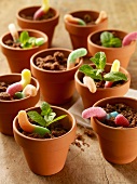 Chocolate cake with gummi worms in flower pots