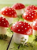 Fly agaric mushrooms made from boiled eggs and tomatoes