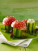 Toadstools: cucumber and egg salad topped with tomato halves