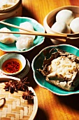 Dim Sum; Custard Filled Steamed Buns, Sticky Rice in a Lotus Leaf and Shrimp and Chive Dumpling