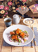 Salmon salad with pasta, radishes and green soy beans (Japan)